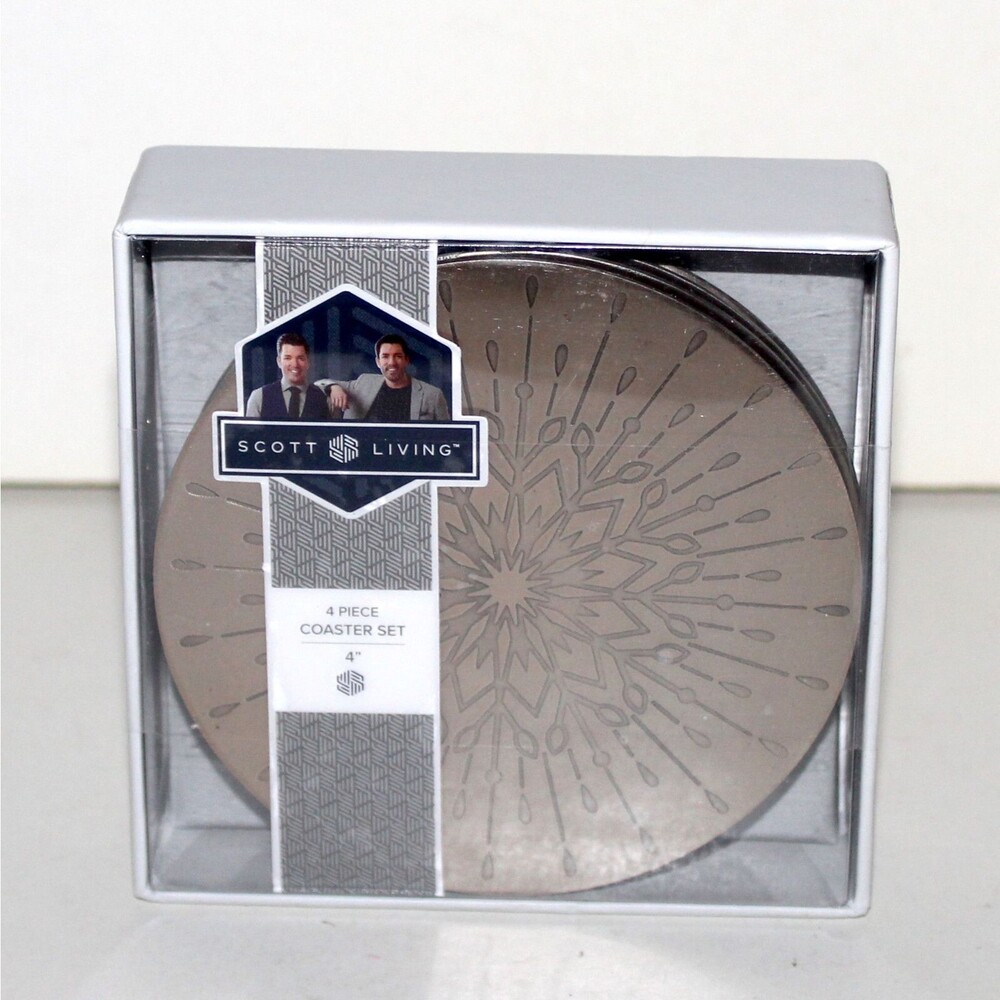 Scott Living 4 Coasters set stainless steel silver round Drew Jonathan brothers